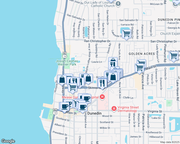 map of restaurants, bars, coffee shops, grocery stores, and more near 575 Shady Grove Drive in Dunedin