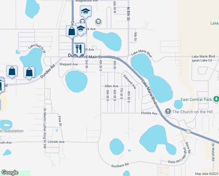 map of restaurants, bars, coffee shops, grocery stores, and more near 504 Allen Avenue in Dundee