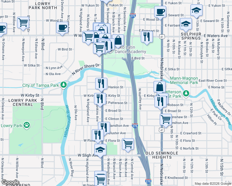 map of restaurants, bars, coffee shops, grocery stores, and more near 7704 North Branch Avenue in Tampa