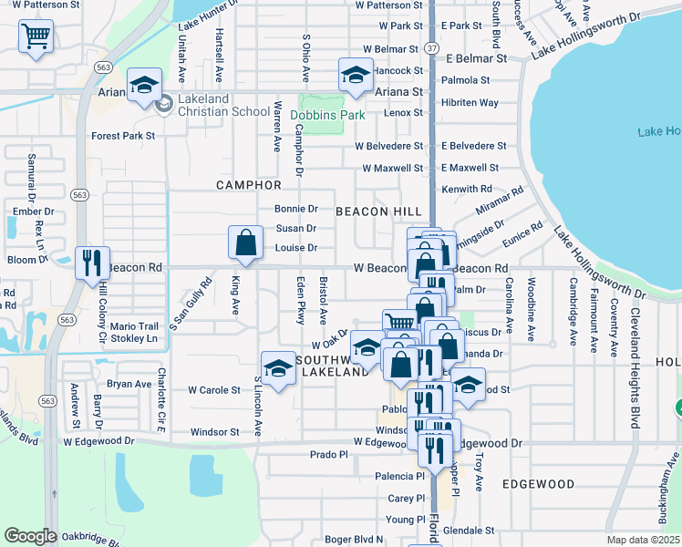 map of restaurants, bars, coffee shops, grocery stores, and more near 504 West Beacon Road in Lakeland