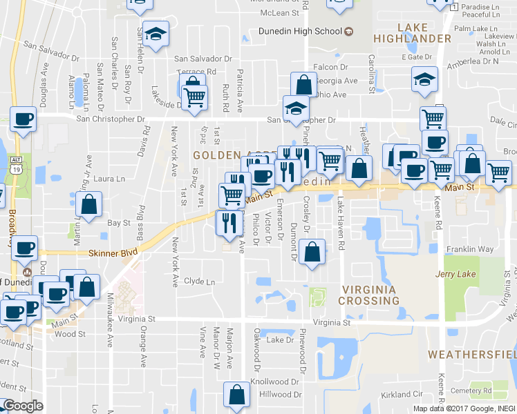 map of restaurants, bars, coffee shops, grocery stores, and more near 1060 Angle Road in Dunedin