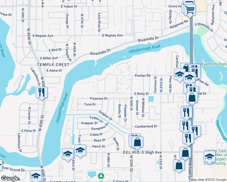 map of restaurants, bars, coffee shops, grocery stores, and more near 7807 Edward Spray Road in Tampa