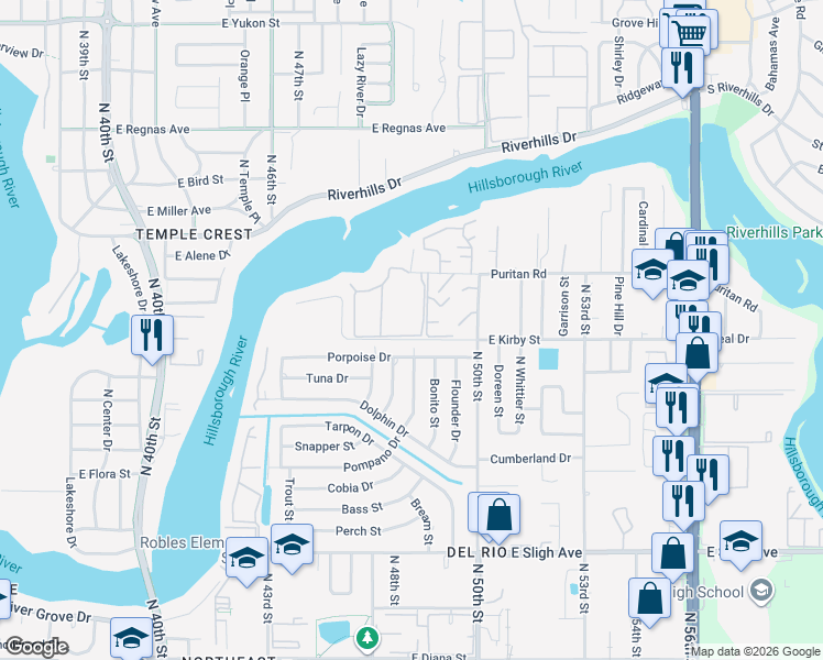 map of restaurants, bars, coffee shops, grocery stores, and more near 7807 Edward Spray Road in Tampa