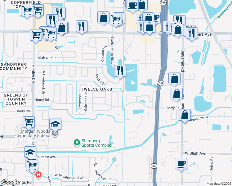 map of restaurants, bars, coffee shops, grocery stores, and more near 6818 Mitchell Circle in Tampa