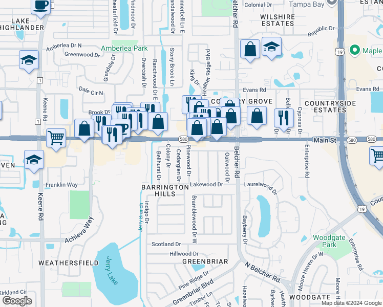 map of restaurants, bars, coffee shops, grocery stores, and more near 2678 Pinewood Drive in Dunedin