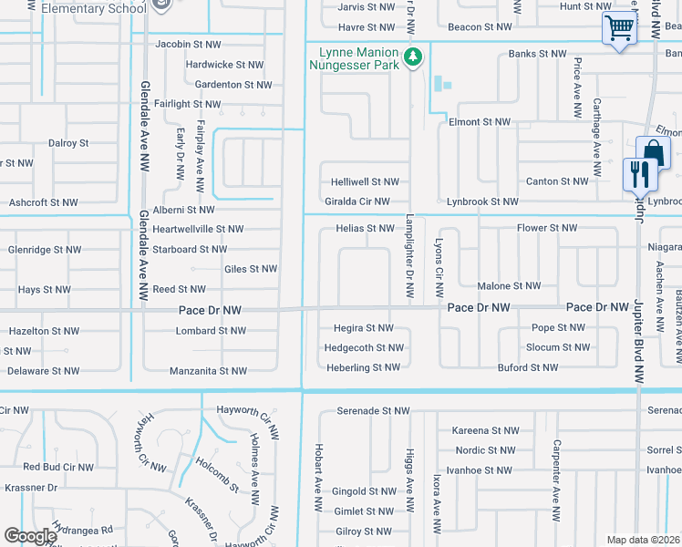 map of restaurants, bars, coffee shops, grocery stores, and more near 861 Dunkirk Avenue Northwest in Palm Bay
