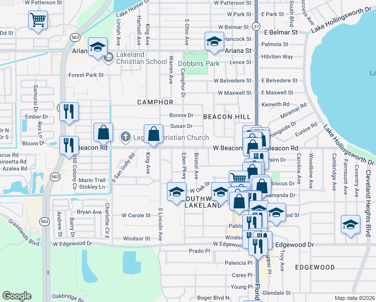 map of restaurants, bars, coffee shops, grocery stores, and more near 616 West Beacon Road in Lakeland