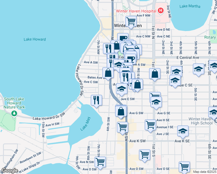 map of restaurants, bars, coffee shops, grocery stores, and more near 301 6th Street Southwest in Winter Haven