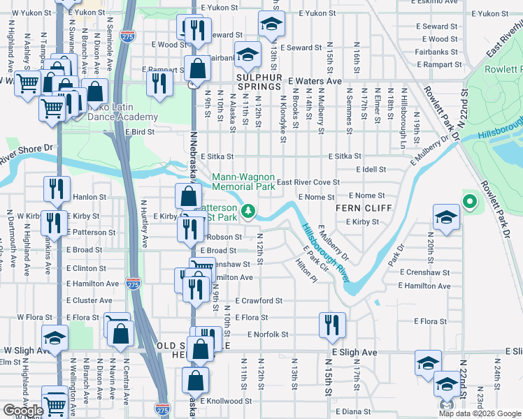 map of restaurants, bars, coffee shops, grocery stores, and more near 7805 North 12th Street in Tampa