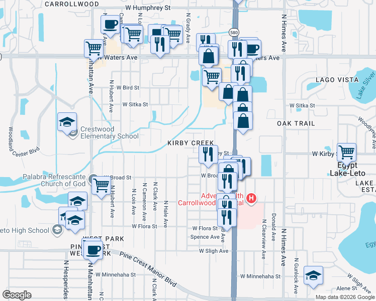 map of restaurants, bars, coffee shops, grocery stores, and more near 4014 Cedar Limb Court in Tampa