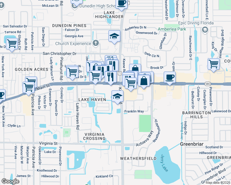 map of restaurants, bars, coffee shops, grocery stores, and more near 1080 Keene Road in Dunedin