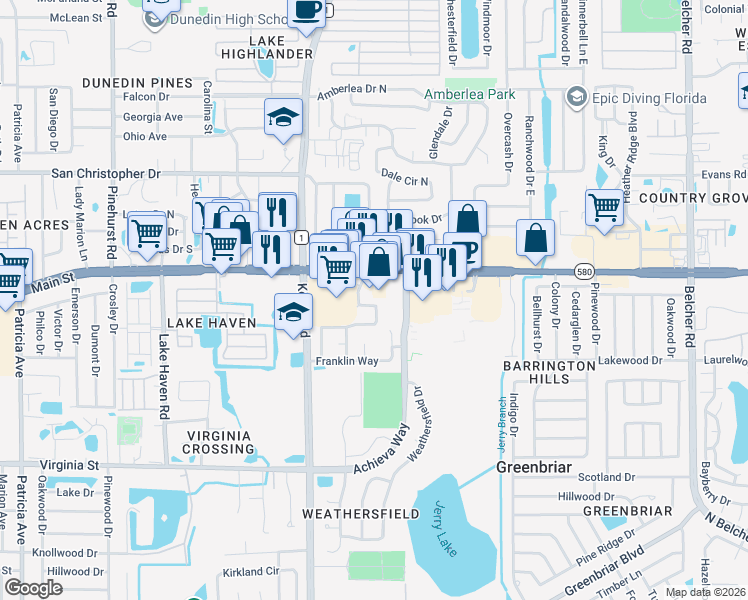 map of restaurants, bars, coffee shops, grocery stores, and more near 1644 Concord Street in Dunedin