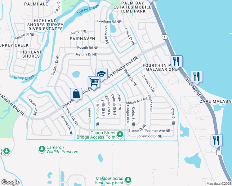 map of restaurants, bars, coffee shops, grocery stores, and more near 855 Angle Street Northeast in Palm Bay