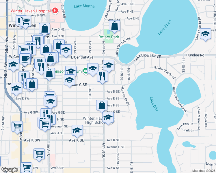 map of restaurants, bars, coffee shops, grocery stores, and more near 602 Avenue C Southeast in Winter Haven