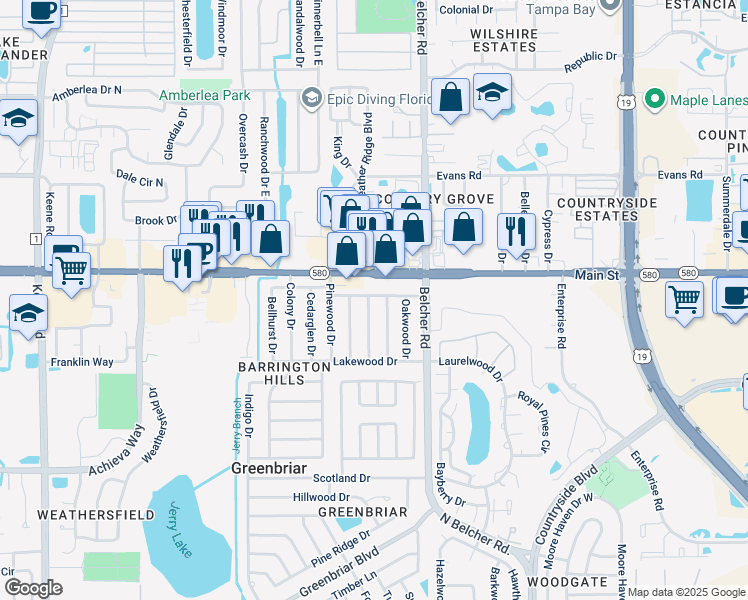 map of restaurants, bars, coffee shops, grocery stores, and more near 2293 Palmwood Drive in Dunedin