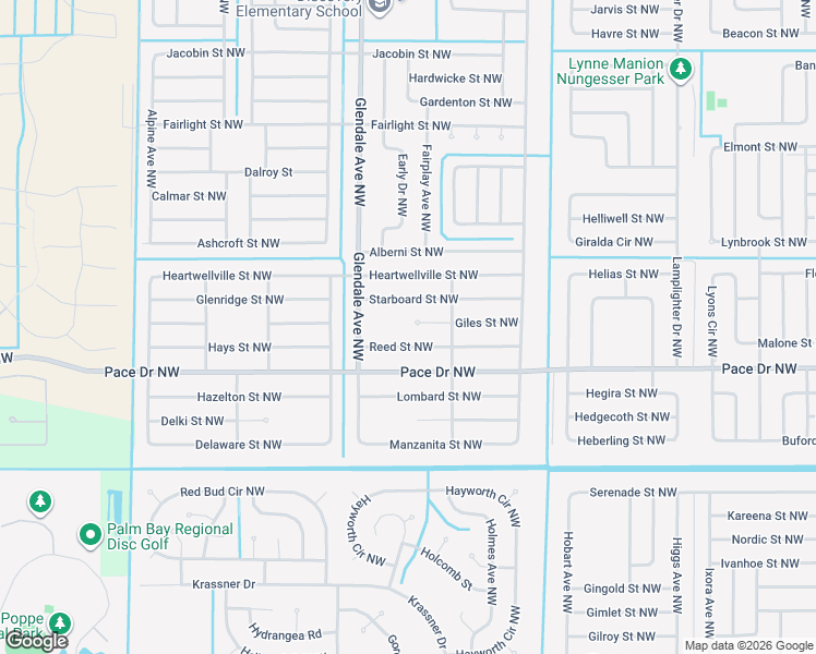 map of restaurants, bars, coffee shops, grocery stores, and more near 1598 Giles Street Northwest in Palm Bay