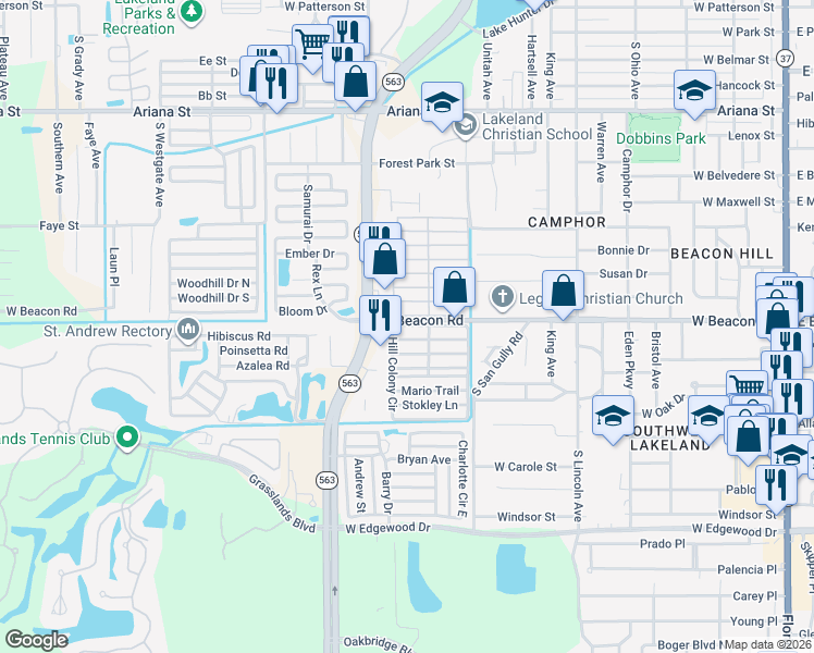 map of restaurants, bars, coffee shops, grocery stores, and more near 988 Hill Colony Circle in Lakeland
