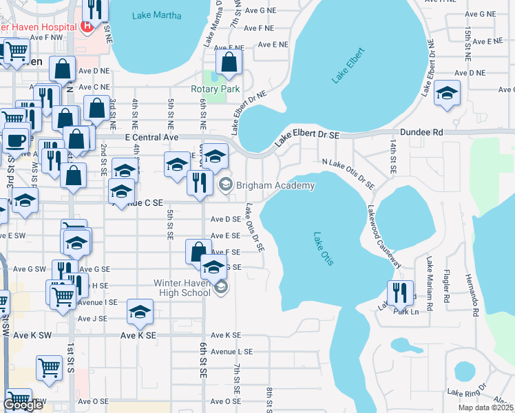 map of restaurants, bars, coffee shops, grocery stores, and more near 300 Lake Otis Drive Southeast in Winter Haven