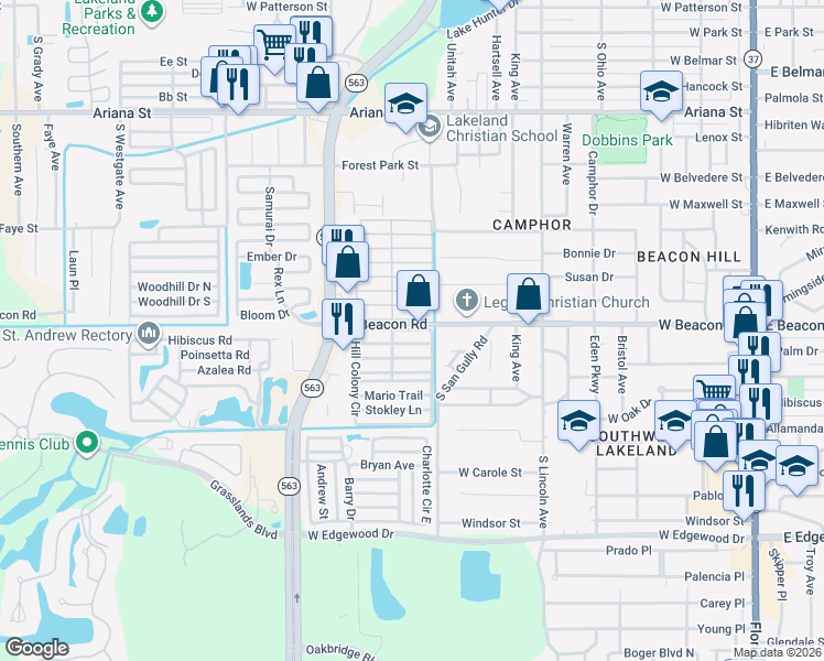 map of restaurants, bars, coffee shops, grocery stores, and more near 810 Hill Colony Circle in Lakeland