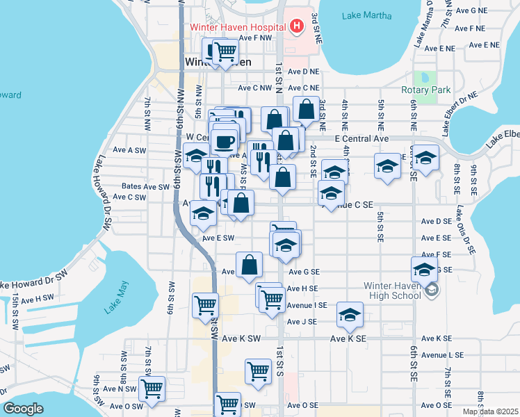 map of restaurants, bars, coffee shops, grocery stores, and more near 123 Avenue C Southwest in Winter Haven