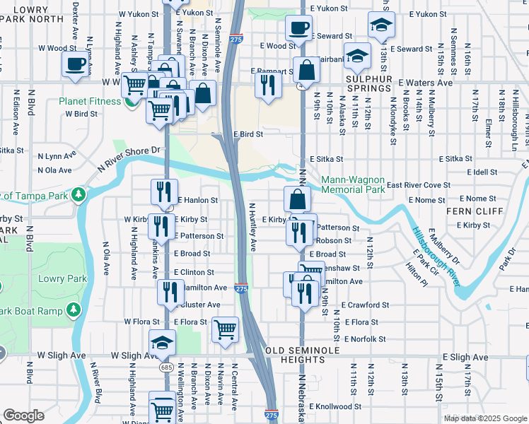map of restaurants, bars, coffee shops, grocery stores, and more near 7706 North Taliaferro Avenue in Tampa