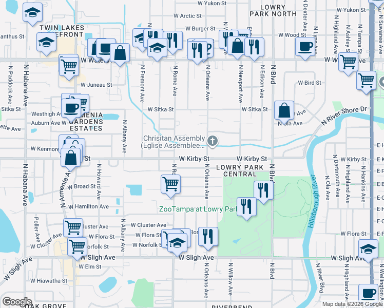 map of restaurants, bars, coffee shops, grocery stores, and more near 1511 West Kirby Street in Tampa
