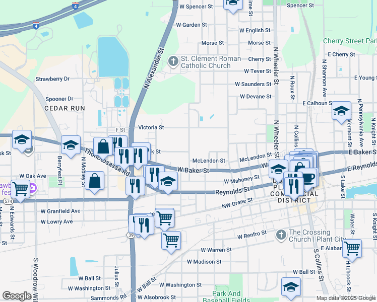 map of restaurants, bars, coffee shops, grocery stores, and more near 502 Whitehall Street in Plant City