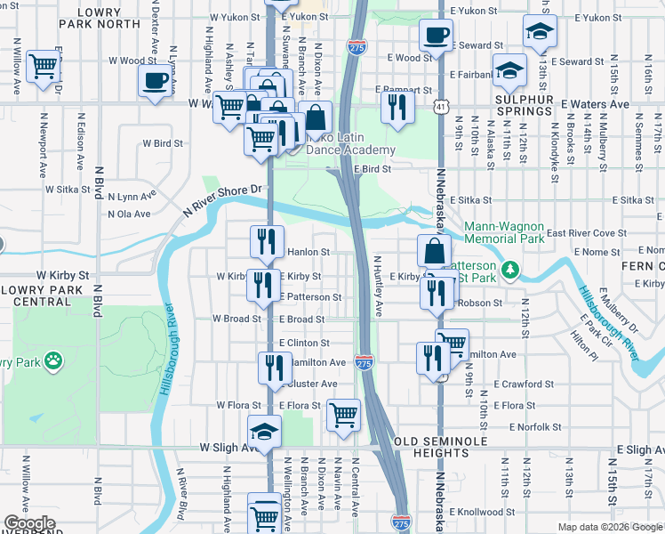 map of restaurants, bars, coffee shops, grocery stores, and more near 7708 North Riverdale Avenue in Tampa