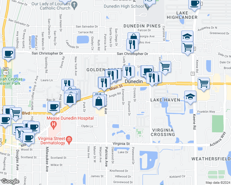 map of restaurants, bars, coffee shops, grocery stores, and more near 1060 Angle Road in Dunedin