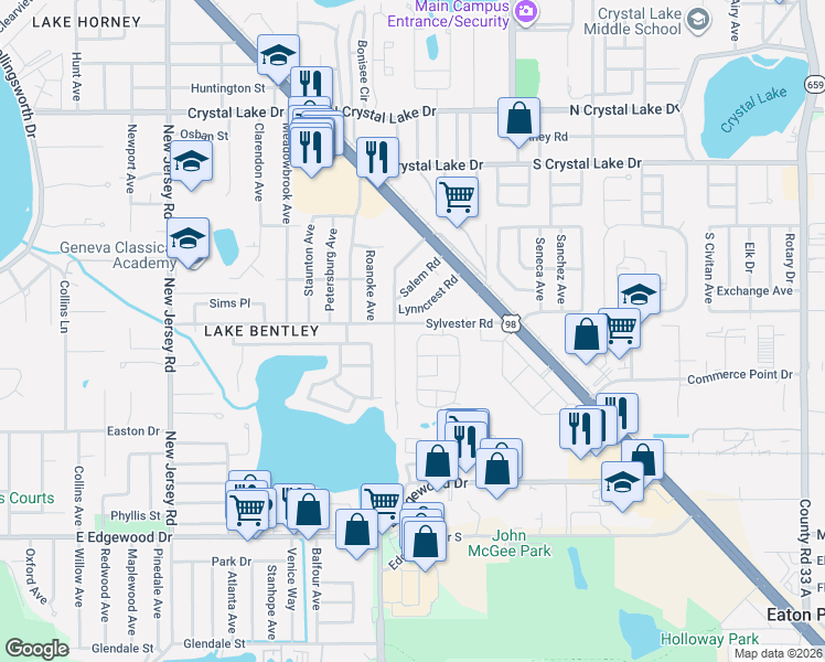map of restaurants, bars, coffee shops, grocery stores, and more near 2025 Sylvester Road in Lakeland