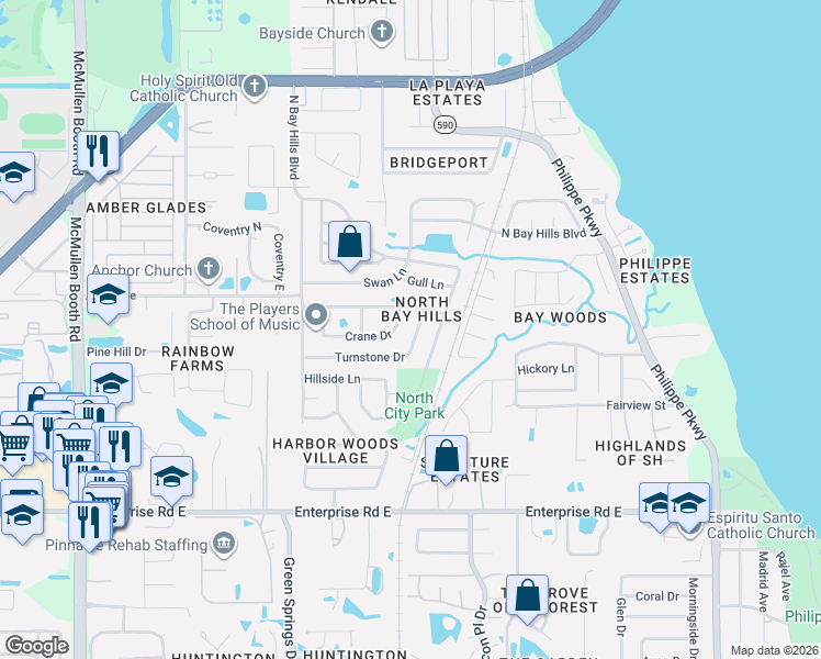 map of restaurants, bars, coffee shops, grocery stores, and more near 34 Crane Drive in Safety Harbor