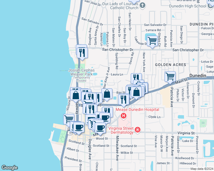 map of restaurants, bars, coffee shops, grocery stores, and more near 563 Shady Grove Drive in Dunedin