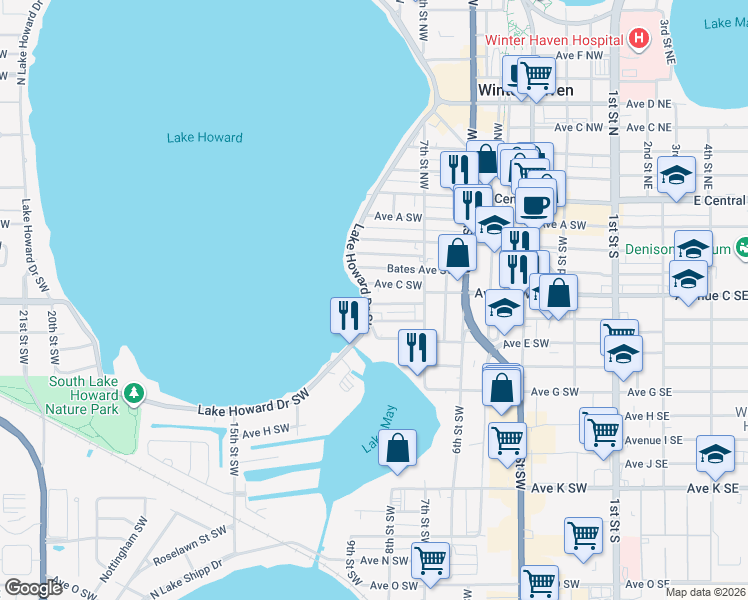 map of restaurants, bars, coffee shops, grocery stores, and more near 375 Lake Howard Drive Southwest in Winter Haven