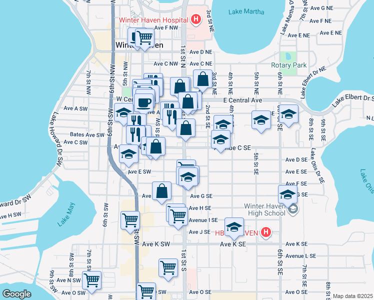 map of restaurants, bars, coffee shops, grocery stores, and more near 119 Avenue C Southwest in Winter Haven