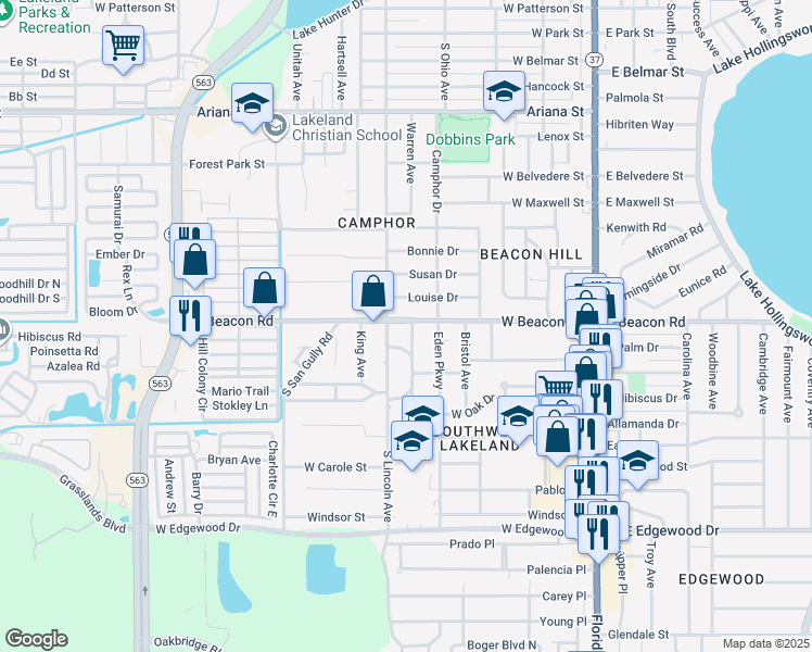 map of restaurants, bars, coffee shops, grocery stores, and more near 2103 West End Avenue in Lakeland
