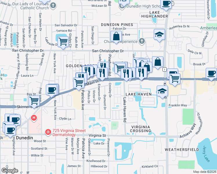 map of restaurants, bars, coffee shops, grocery stores, and more near 161 Crosley Drive in Dunedin