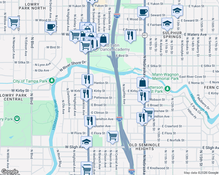 map of restaurants, bars, coffee shops, grocery stores, and more near 7706 North Riverdale Avenue in Tampa