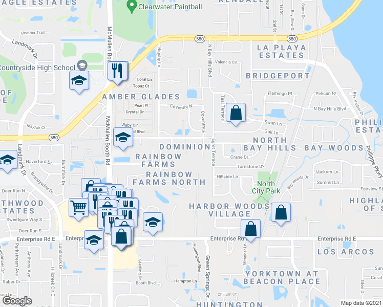 map of restaurants, bars, coffee shops, grocery stores, and more near 3042 Dominion Court in Safety Harbor