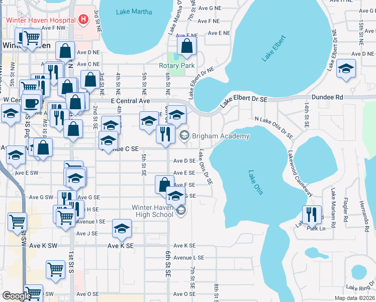 map of restaurants, bars, coffee shops, grocery stores, and more near 698 Avenue C Southeast in Winter Haven
