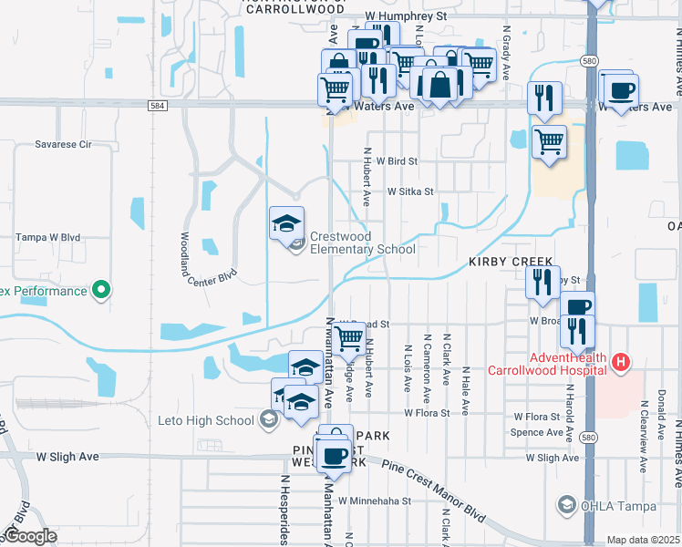 map of restaurants, bars, coffee shops, grocery stores, and more near 7801 North Manhattan Avenue in Tampa