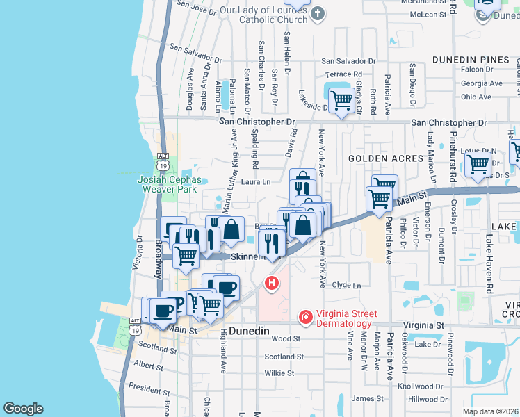 map of restaurants, bars, coffee shops, grocery stores, and more near 1117 Milwaukee Avenue in Dunedin