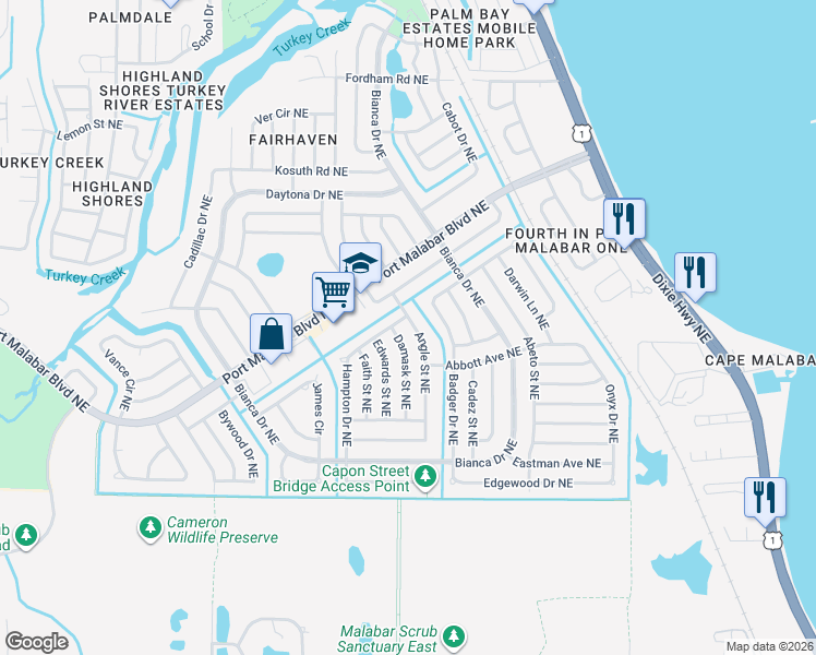 map of restaurants, bars, coffee shops, grocery stores, and more near 855 Angle Street Northeast in Palm Bay