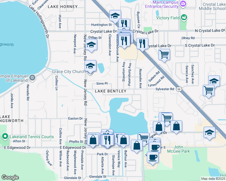 map of restaurants, bars, coffee shops, grocery stores, and more near 1729 Sylvester Road in Lakeland