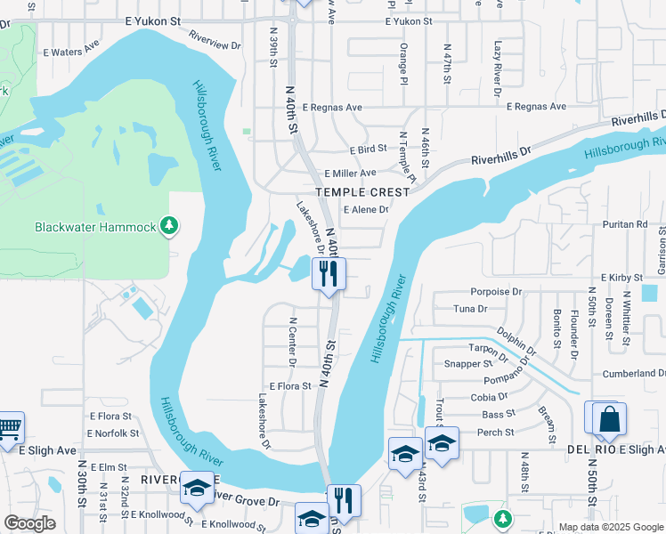 map of restaurants, bars, coffee shops, grocery stores, and more near 7526 North 40th Street in Tampa