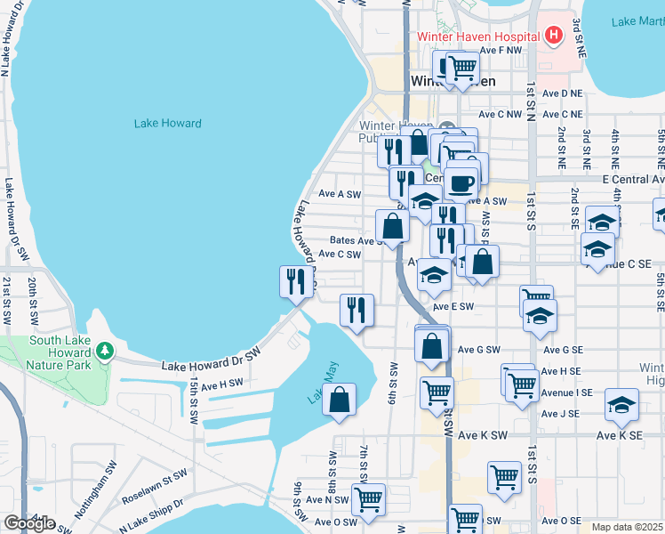 map of restaurants, bars, coffee shops, grocery stores, and more near 749 Carroll Avenue Southwest in Winter Haven