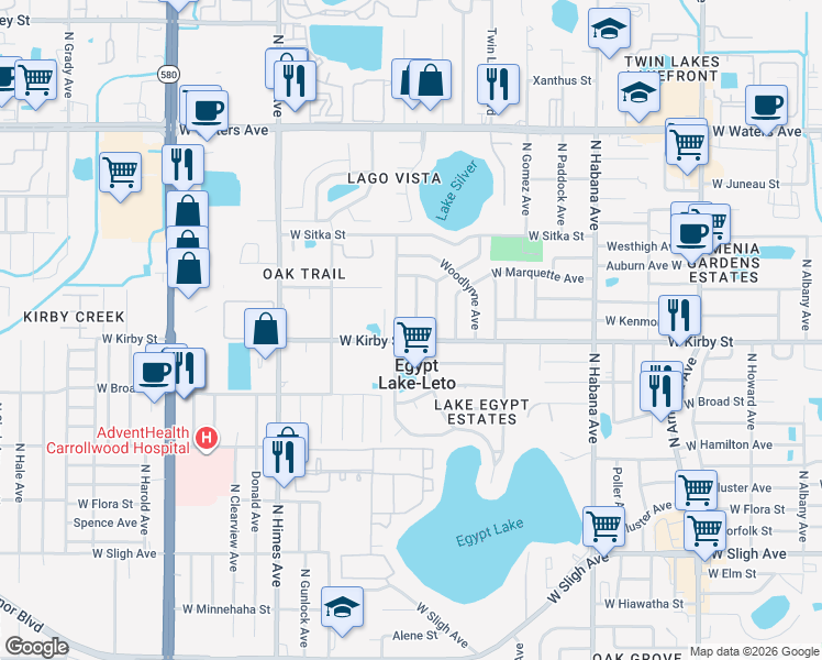 map of restaurants, bars, coffee shops, grocery stores, and more near 7804 Lakeside Boulevard in Tampa