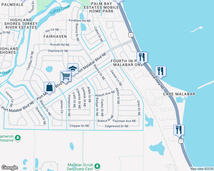 map of restaurants, bars, coffee shops, grocery stores, and more near 894 Bianca Drive Northeast in Palm Bay