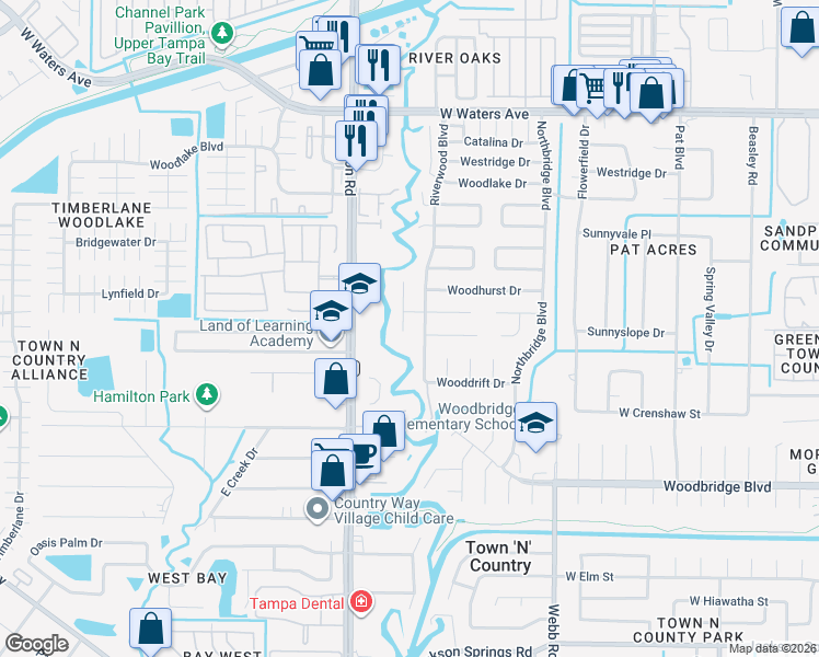 map of restaurants, bars, coffee shops, grocery stores, and more near 7203 Creekwood Court in Tampa