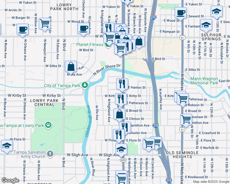 map of restaurants, bars, coffee shops, grocery stores, and more near 112 West Hanlon Street in Tampa