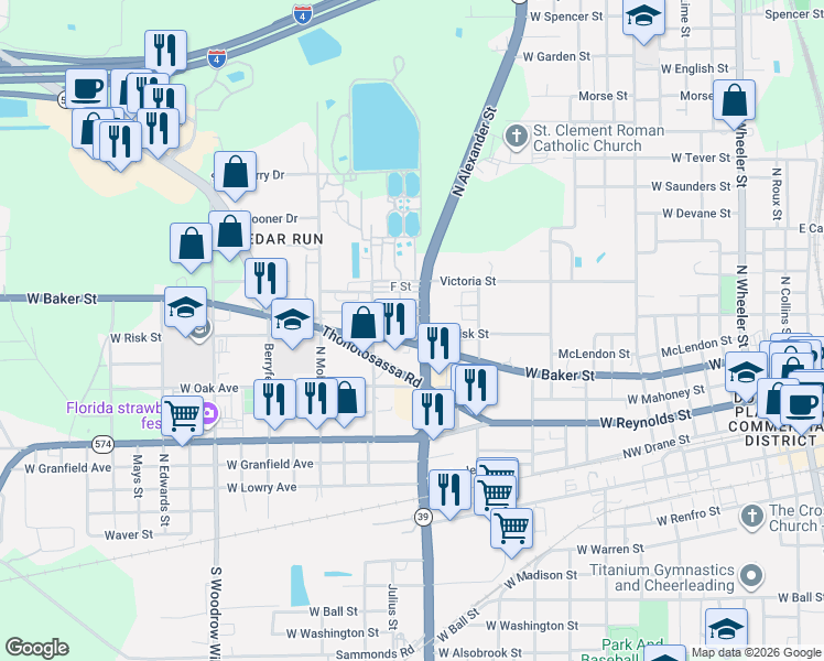 map of restaurants, bars, coffee shops, grocery stores, and more near 30 A Street in Plant City